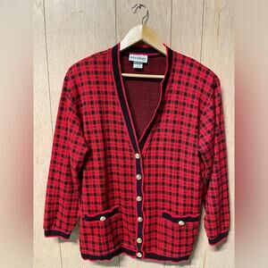 Vintage 80s/90s Red Black Check Cardigan Sweater Gold Buttons Women's Large